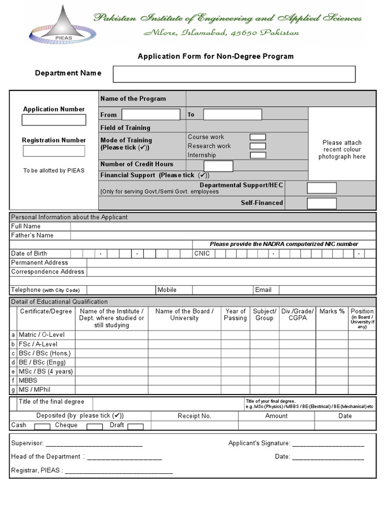 Application Form For Non-Degree Program Department Name | PDF ...