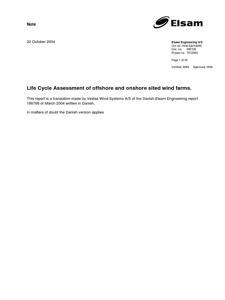 Life Cycle Assessment of Offshore and Onshore Sited Wind Farms. | PDF ...