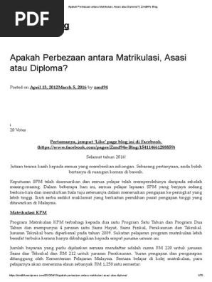 Apakah Perbezaan Antara Matrikulasi Asasi Atau Diploma Zmd94 S Blog Pdf