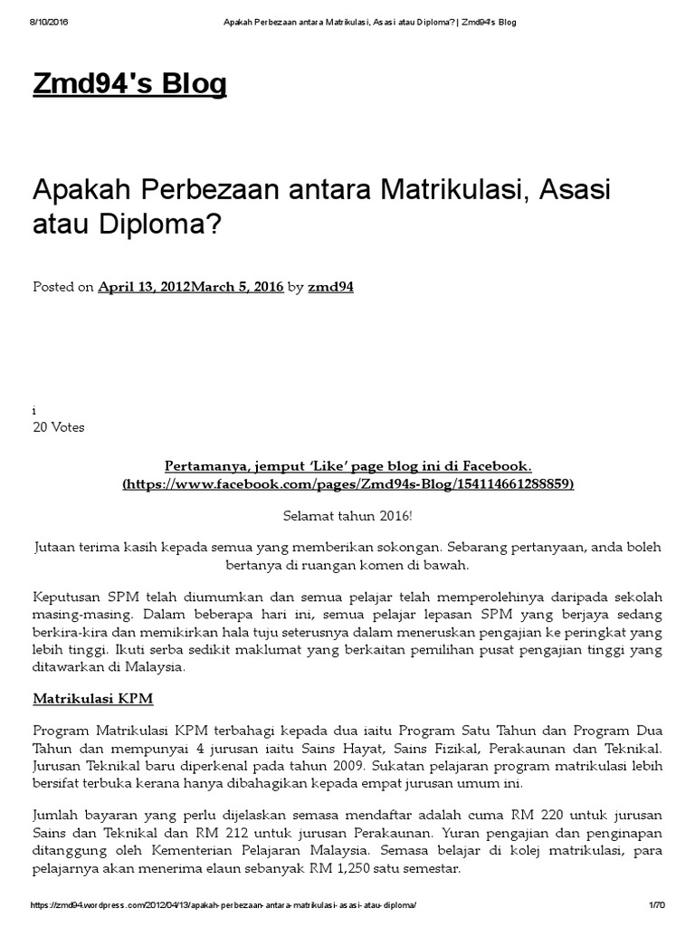 Apakah Perbezaan Antara Matrikulasi Asasi Atau Diploma Zmd94 S Blog Pdf