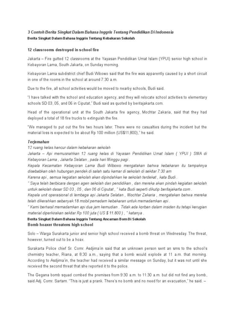 3 Contoh Berita Singkat Dalam Bahasa Inggris Tentang