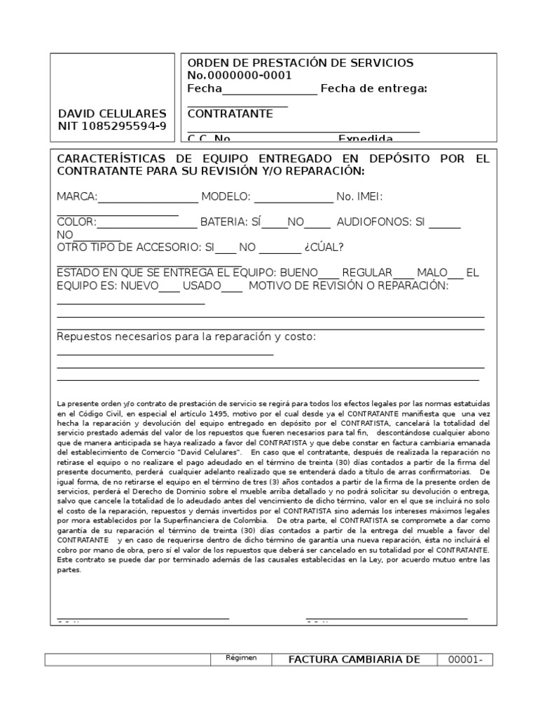 Modelo de Orden de Prestación de Servicios Gobierno