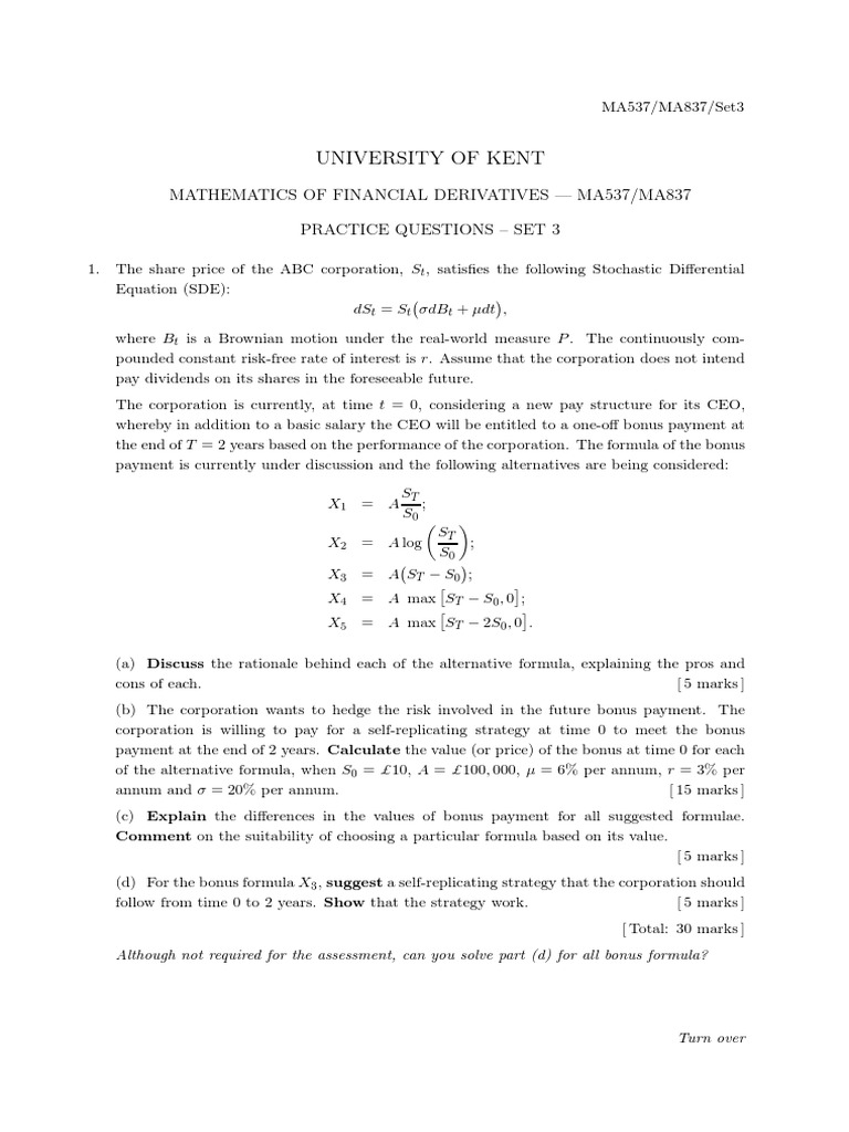 Derivatives Question Bank Set 3 Pdf Stochastic Differential