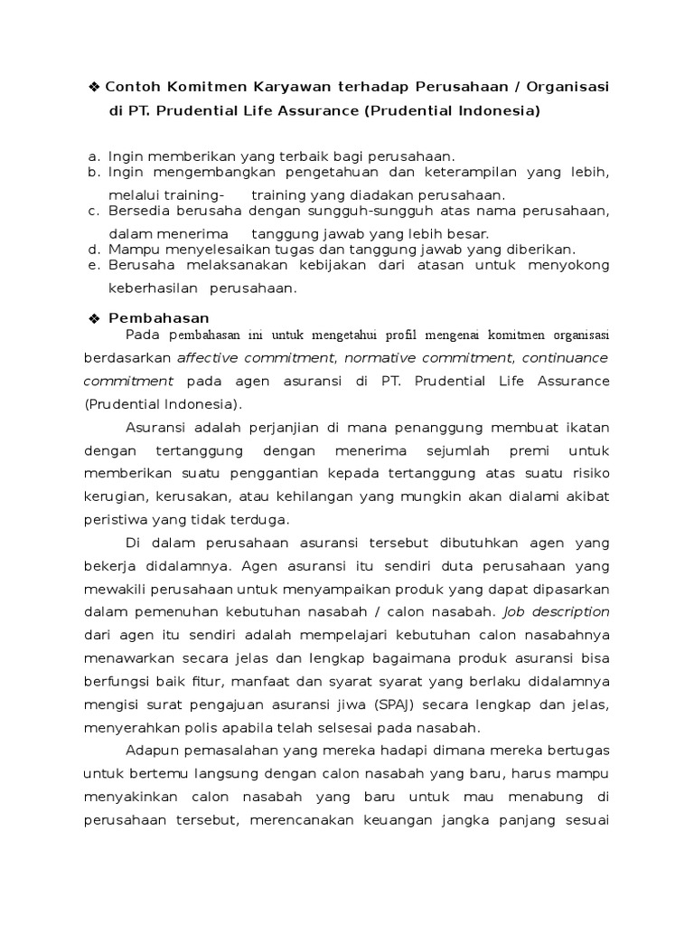 Contoh Komitmen Karyawan Terhadap Perusahaan Pada PT