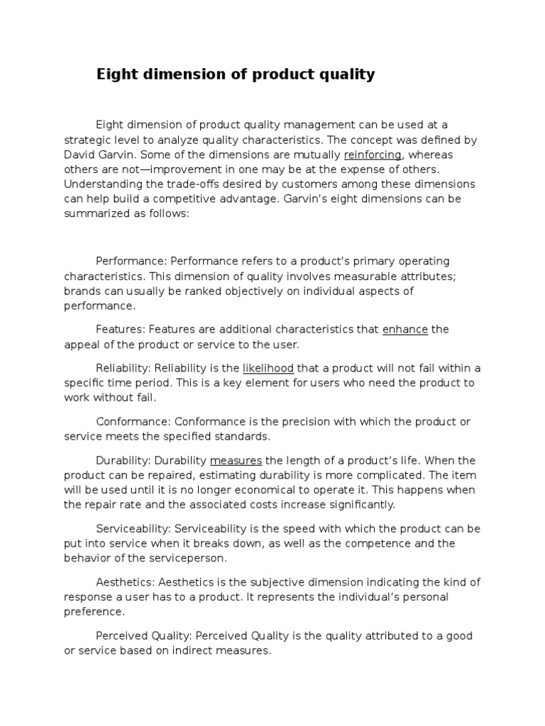 Eight Dimension of Product Quality | PDF | Reliability Engineering | Quality  (Business)