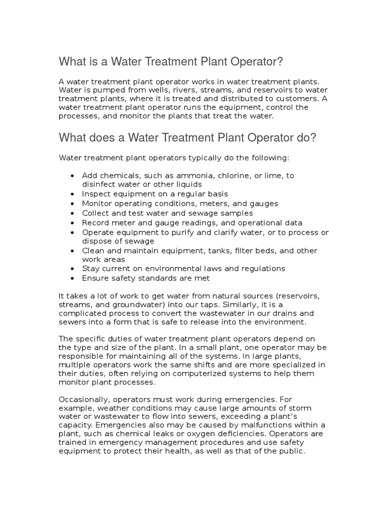 What is a Water Treatment Plant Operator Sewage Treatment Water