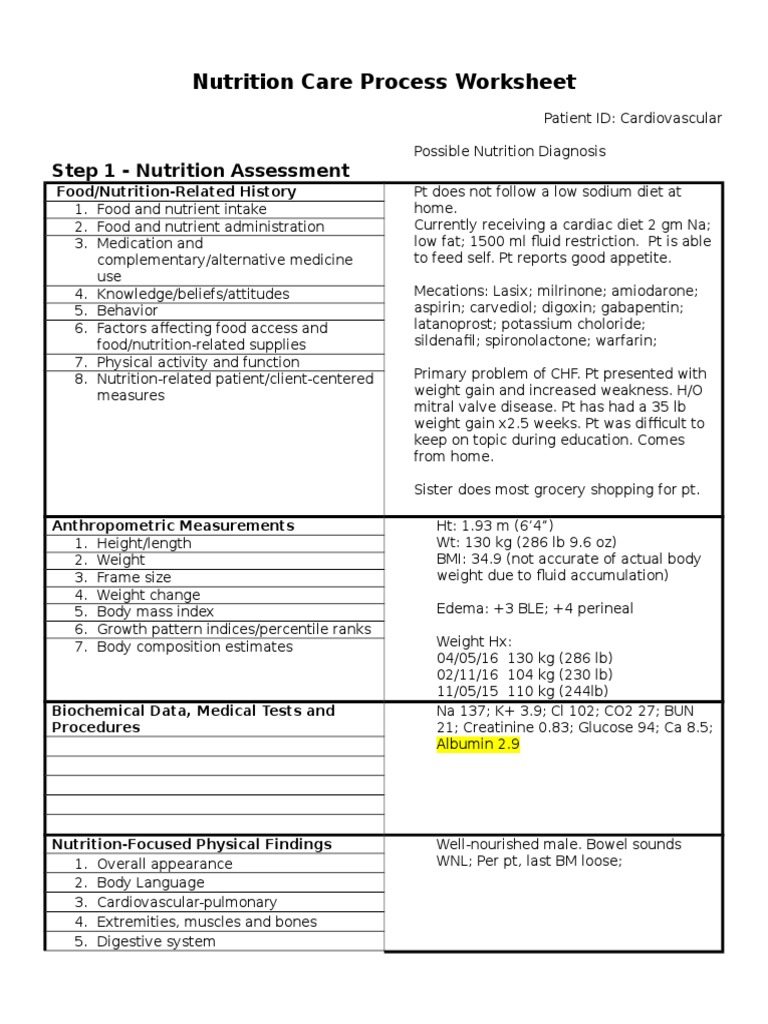 Nutrition Care Process Worksheet PDF Dietary Supplements Nutrition