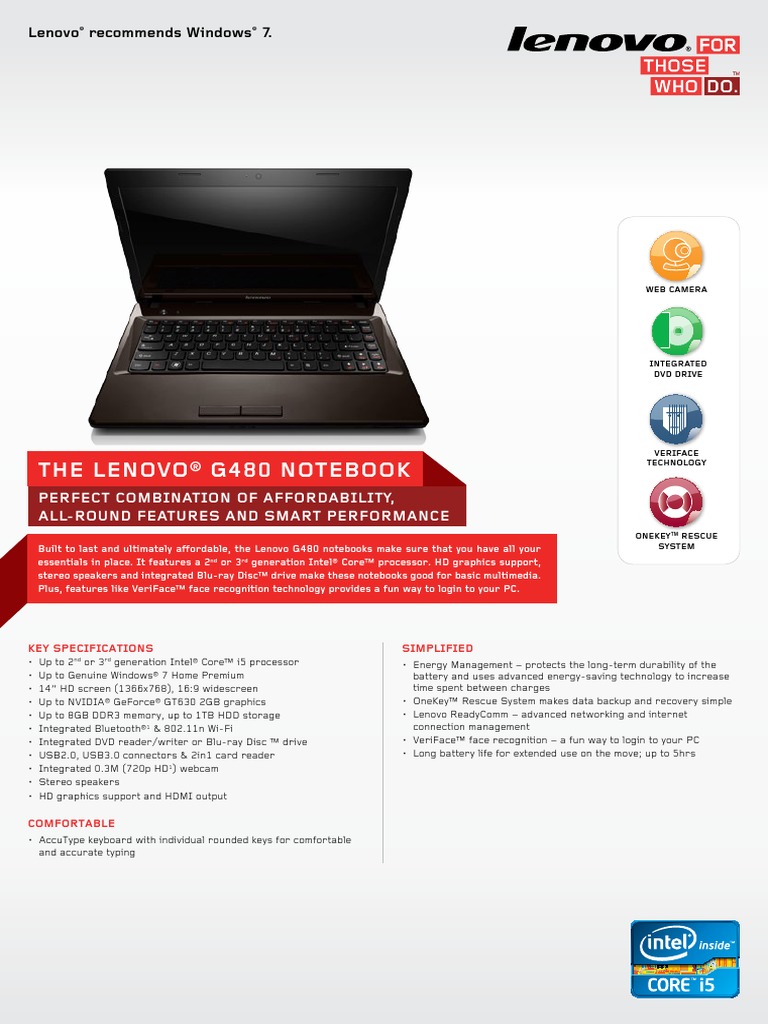 Lenovo G480 Datasheet | PDF | Lenovo | Laptop