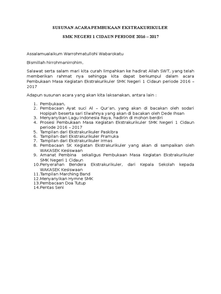Susunan Acara Pembukaan Ekstrakurikuler