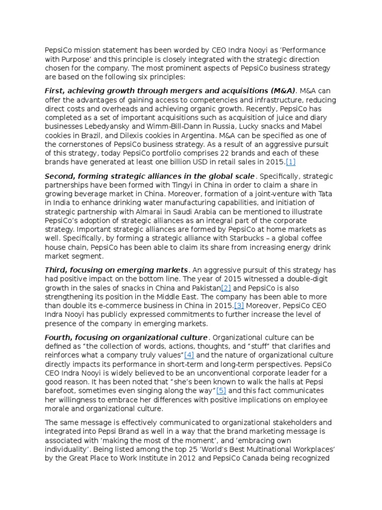 PepsiCo Mission and Business Strategy | PDF | Pepsi Co | Strategic ...