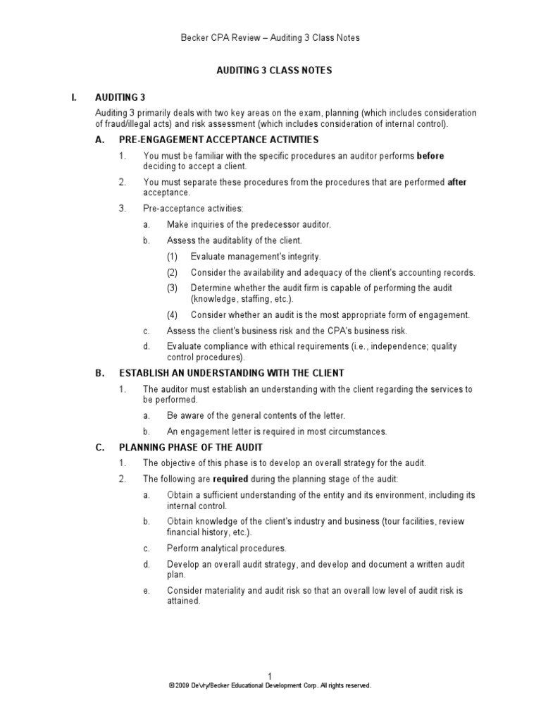Auditing 3 Class Notes I. Auditing 3: © 2009 Devry/Becker Educational ...