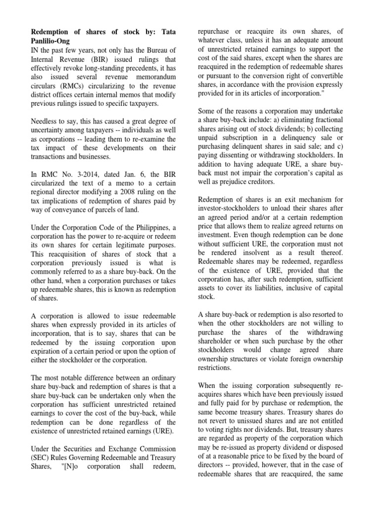 Tax Implications of Share Redemption | PDF | Treasury Stock | Taxes