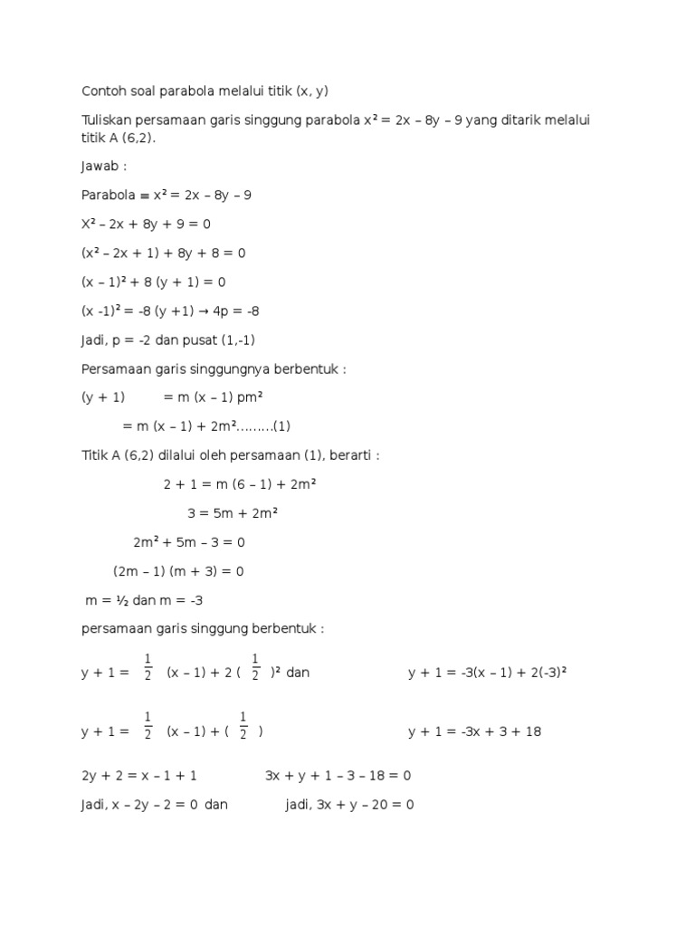 Contoh Soal Parabola Melalui Titik X Y