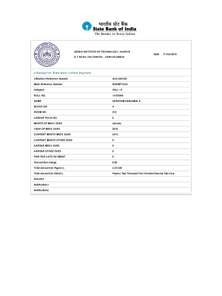 IIT Kanpur Mess Dues e-Receipt 2016 | PDF