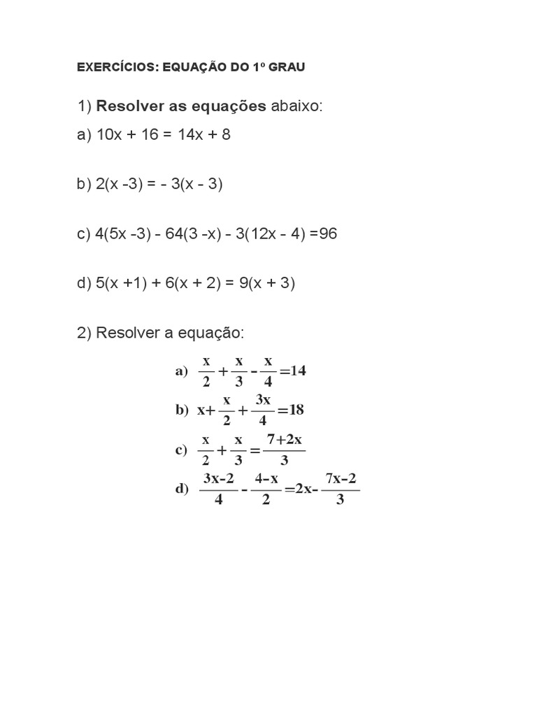 Lista De Exercícios Equação Do 1 Grau Com Gabarito