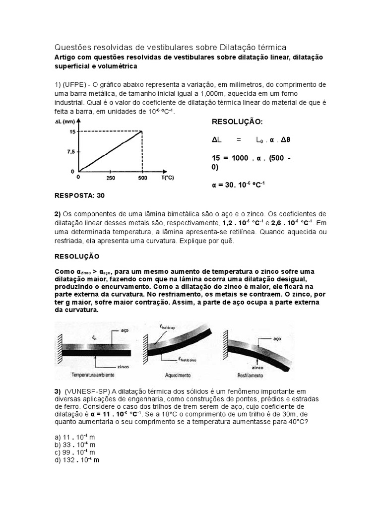 Questões de Dilatação Térmica Resolv. | PDF | Expansão térmica ...