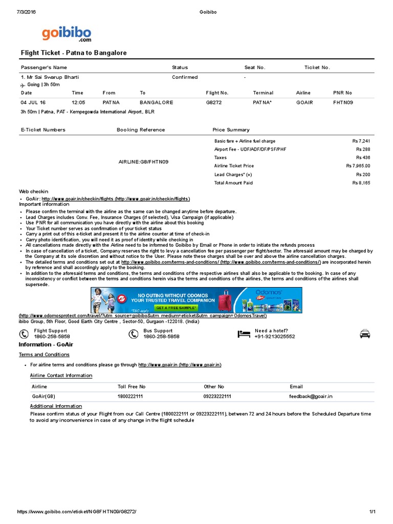 Flight Ticket Patna To Bangalore Information Goair PDF Aviation