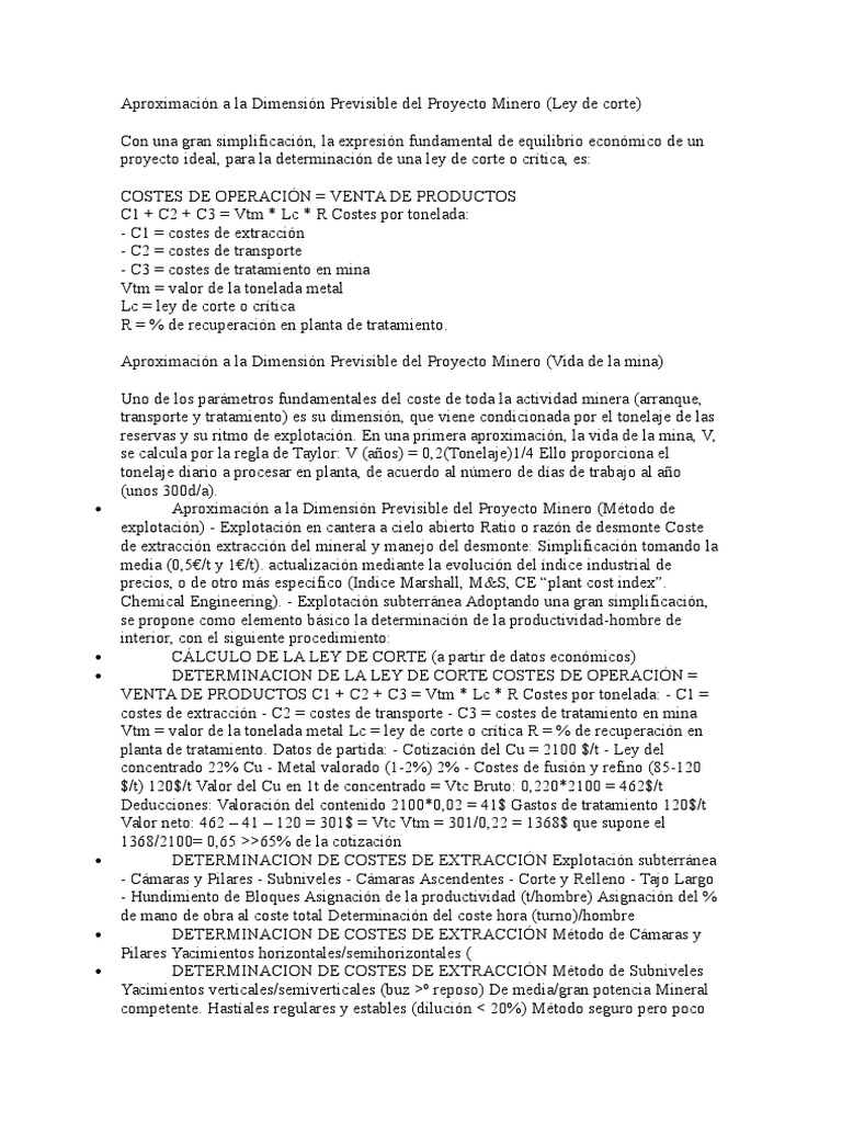 Aproximación A La Dimensión Previsible Del Proyecto Minero | PDF