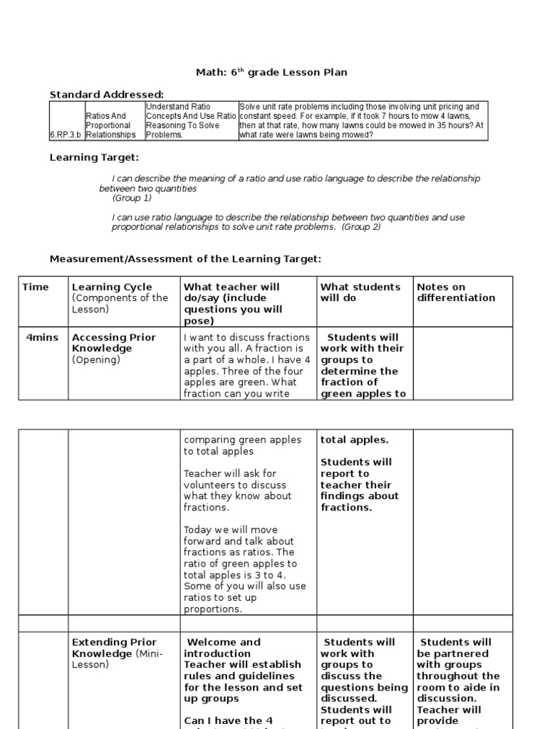 6th Grade Ratio and Proportion Lesson Plan | PDF | Ratio | Classroom ...