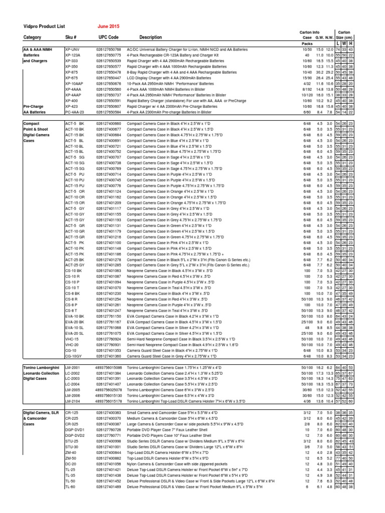 Vidpro Product List June 2015 PDF Battery Charger Canon Eos