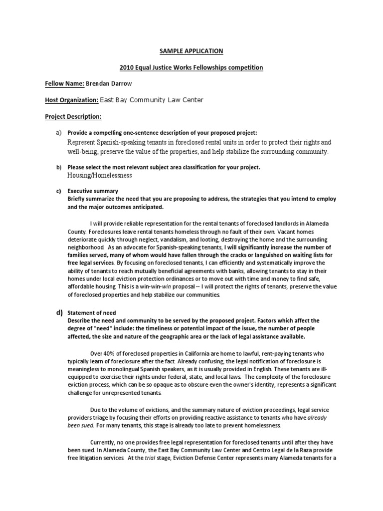 Sample Application 2010 Equal Justice Works Fellowships Competition ...