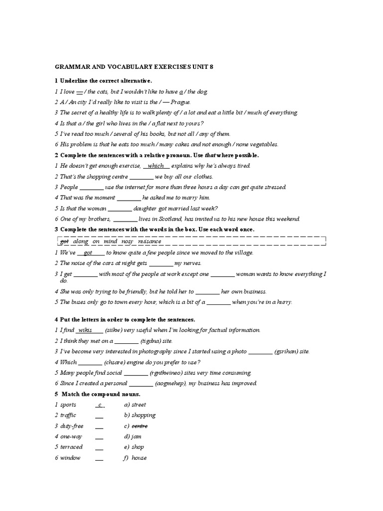Grammar and Vocabulary Exercises Unit 8 | PDF