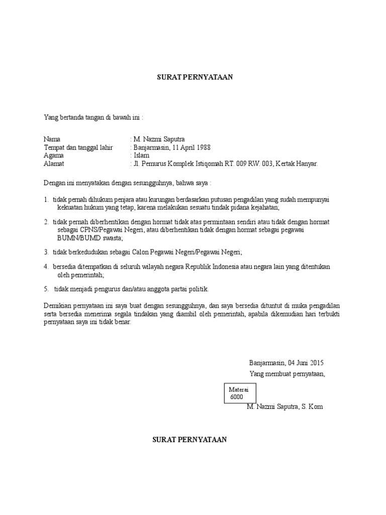 Format Surat Pernyataan 6844