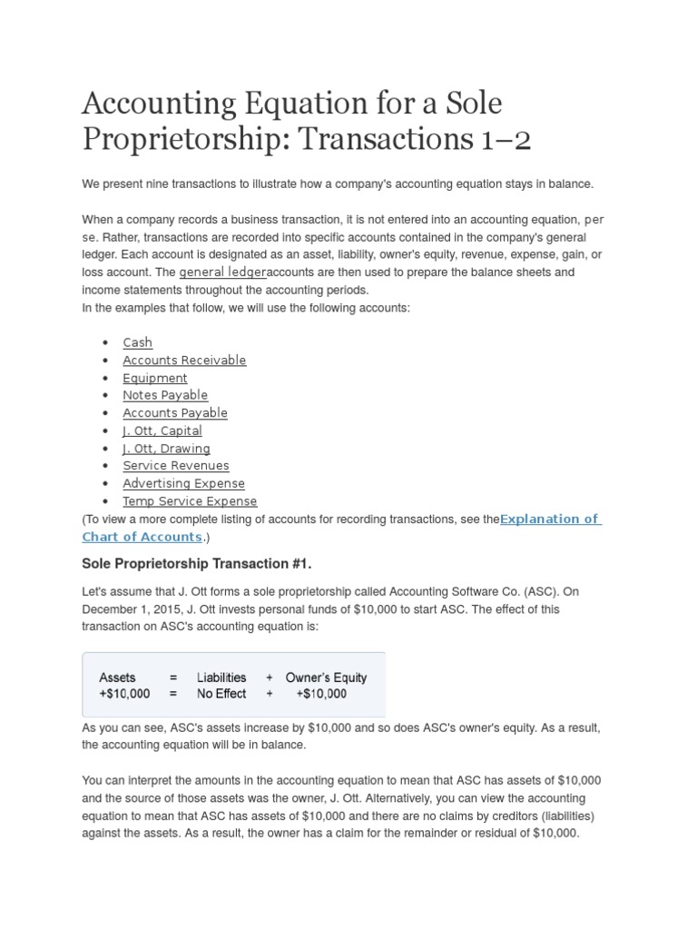 Accounting Equation for a Sole Proprietorship Debits And Credits