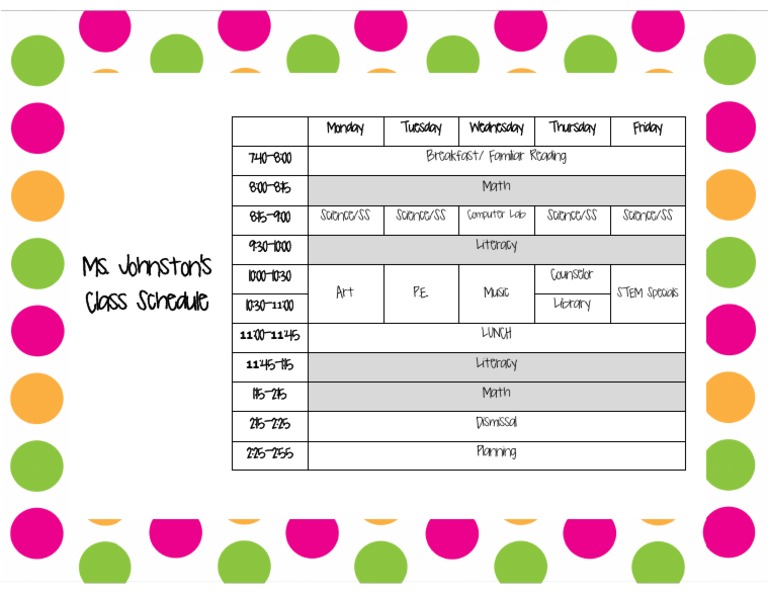 Ms. Johnston's Weekly Class Schedule | PDF