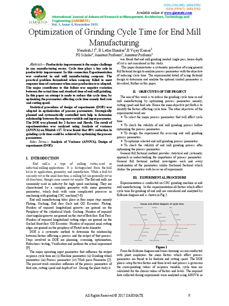 Optimization of Grinding Cycle Time For End Mill Manufacturing PDF Analysis Of Variance