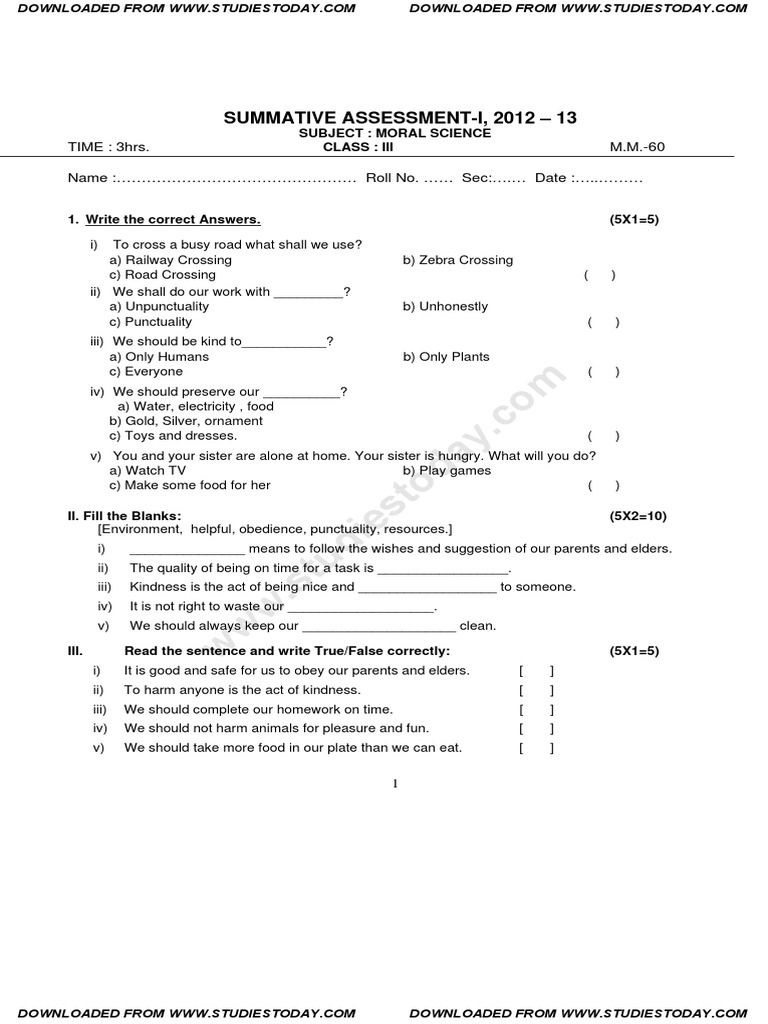 cbse class 3 moral science question paper sa 1 2010 2