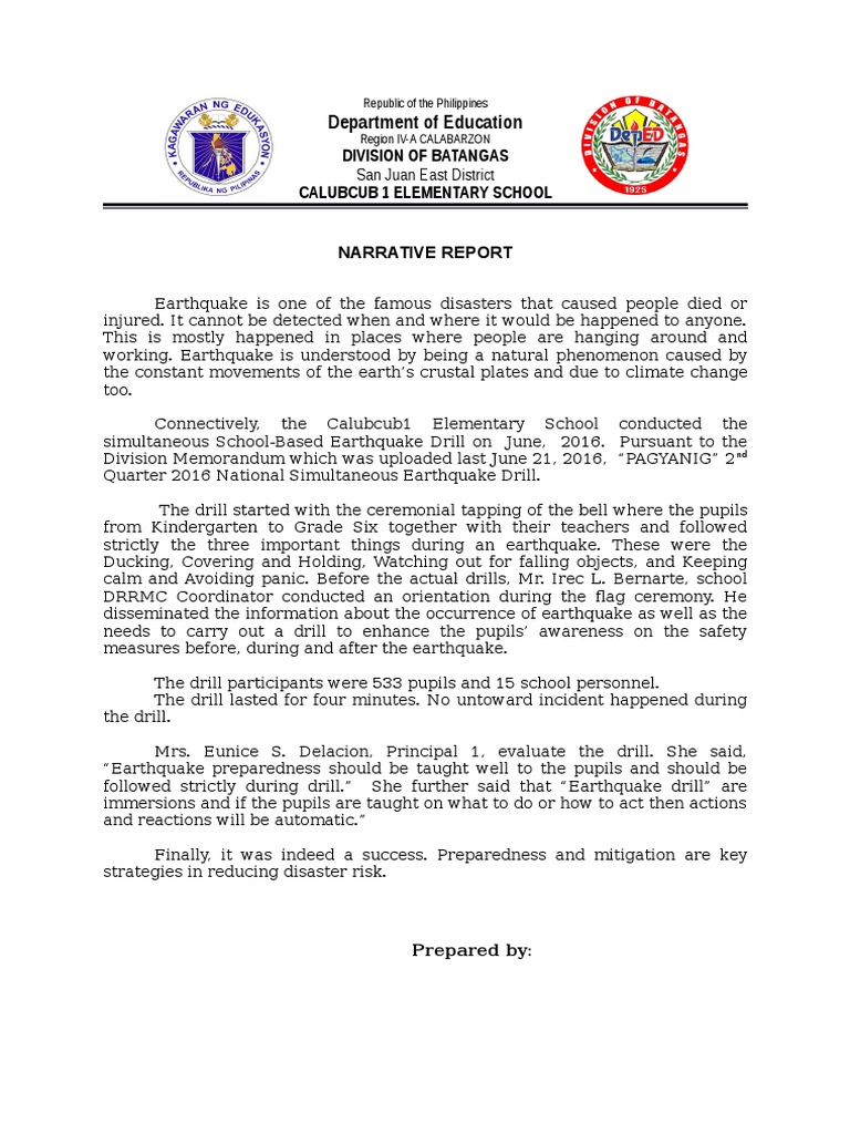 Narrative Report on Earthquake Drill Earthquakes Emergency Management