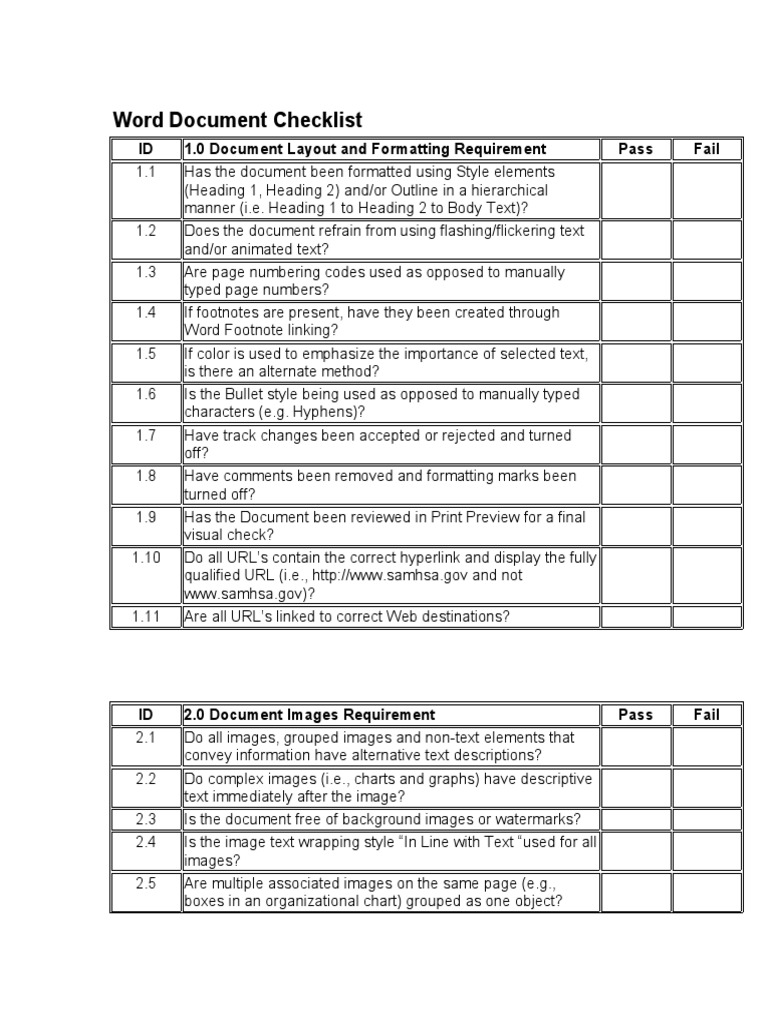 Word Document Checklist: ID 1.0 Document Layout and Formatting ...