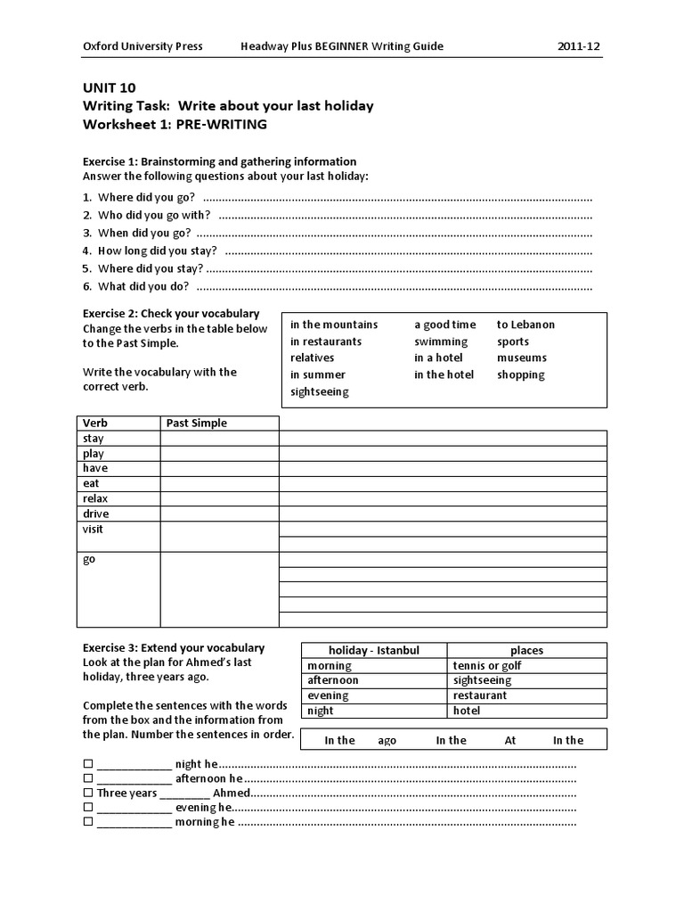 Unit 10 Writing Task: Write About Your Last Holiday Worksheet 1: PRE ...
