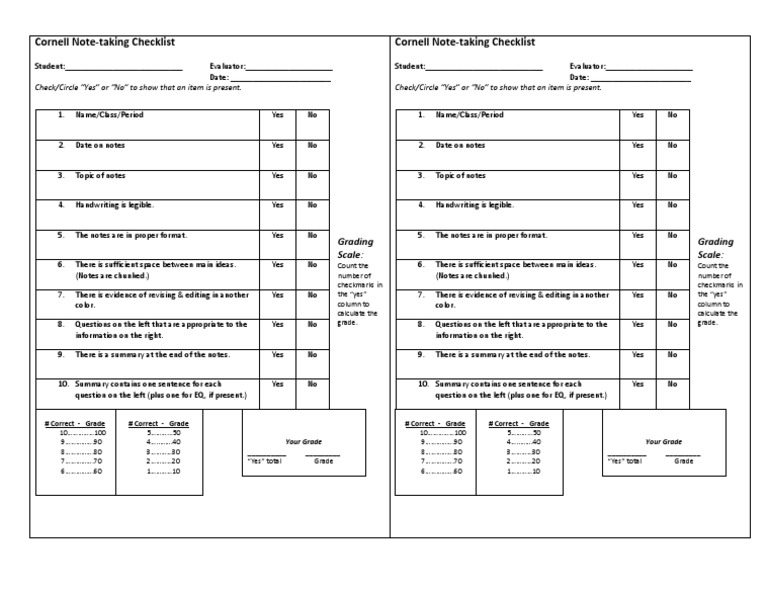 Cornell Note Check Grade Sheet PDF