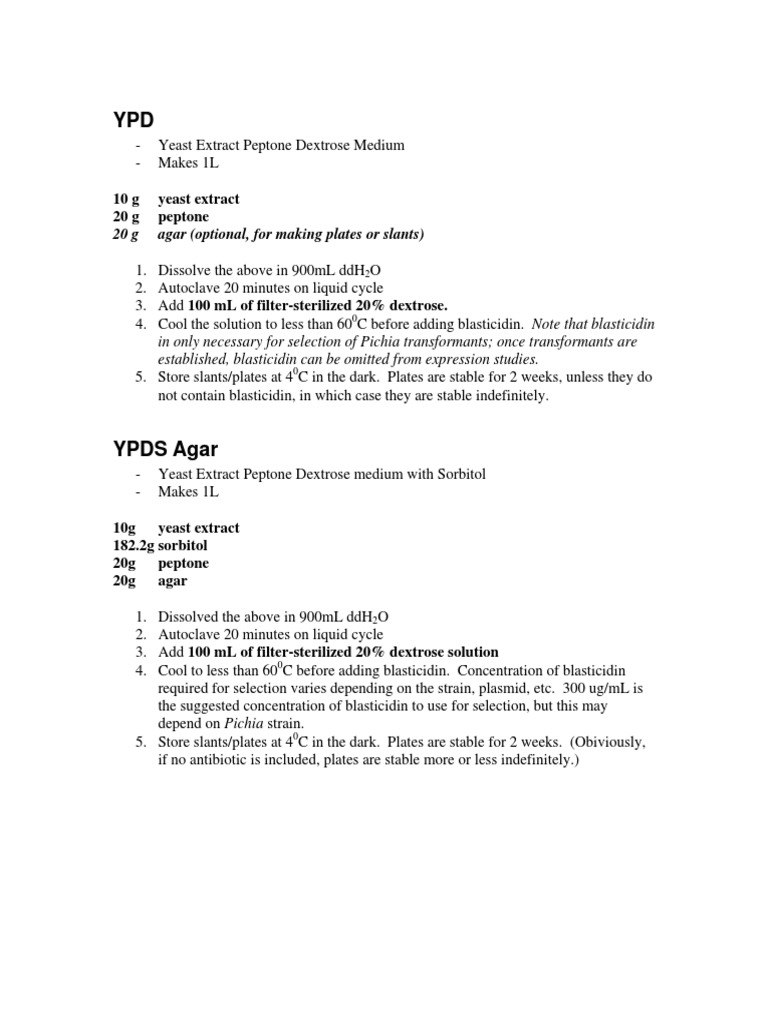 YPD Medium and Agar Recipes | PDF