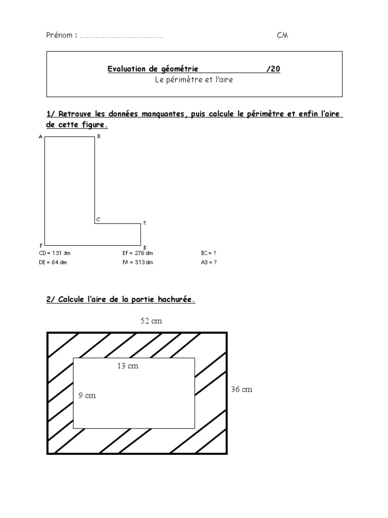 Exercice Périmètre Ce2 à Imprimer Aire Et Périmètre | PDF