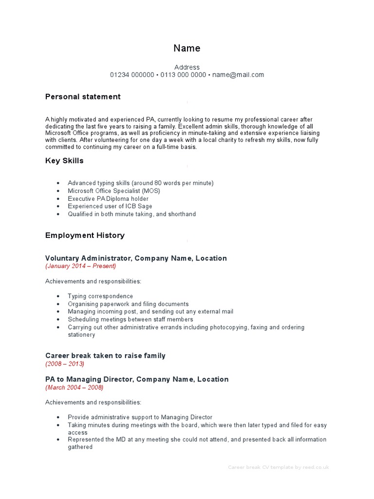 sample resume for career break