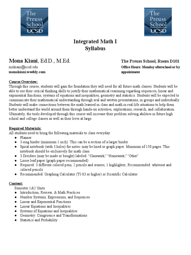Integrated Math I Course Syllabus | PDF | Homework | Teaching Mathematics