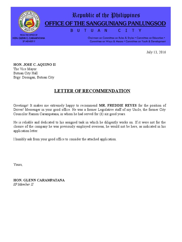 Recommendation Letter for Driver Position | PDF