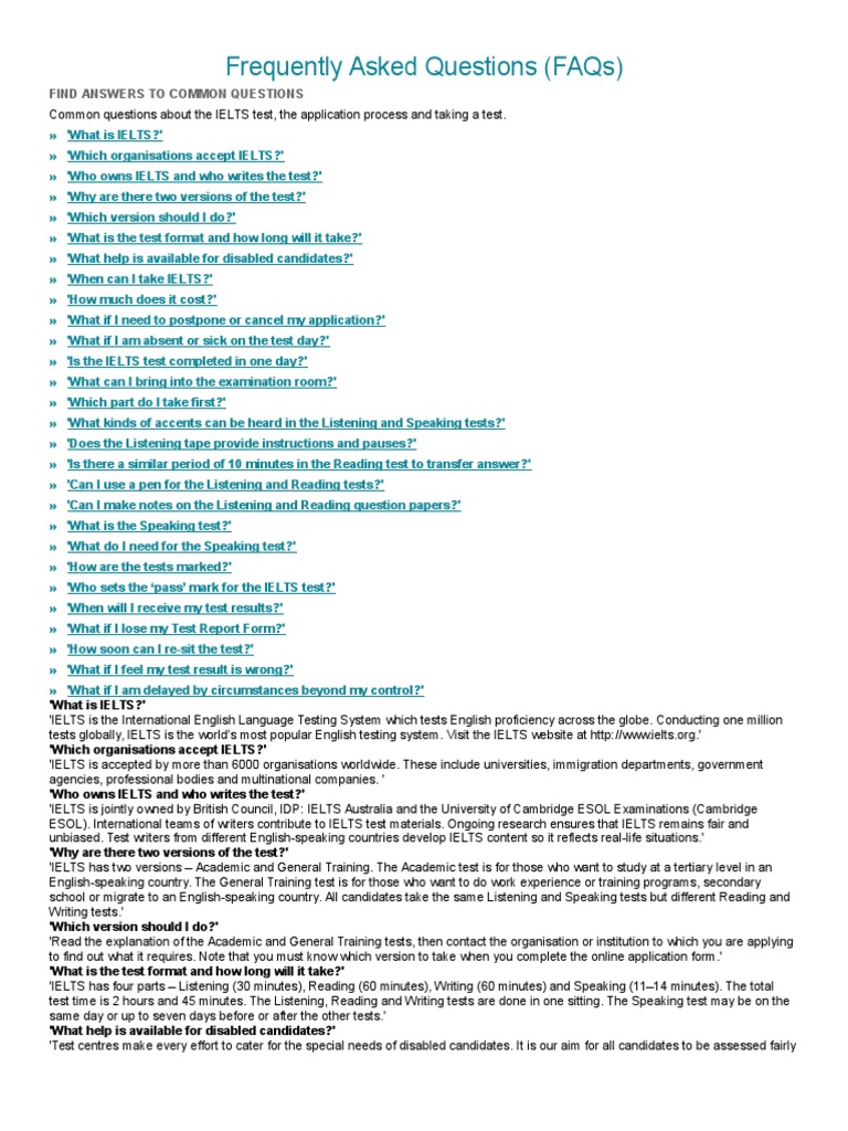 IELTS Test FAQs: Common Questions Answered | PDF | International ...