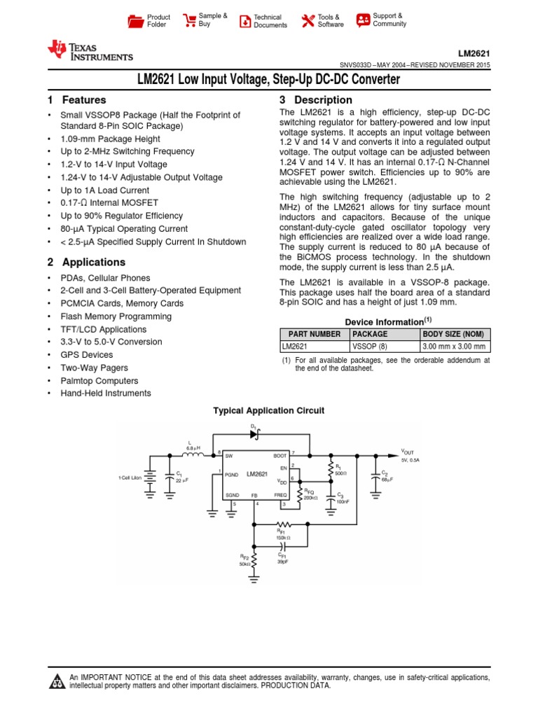 LM2621 Low Input Voltage, Step-Up DC-DC Converter: 1 Features 3 ...