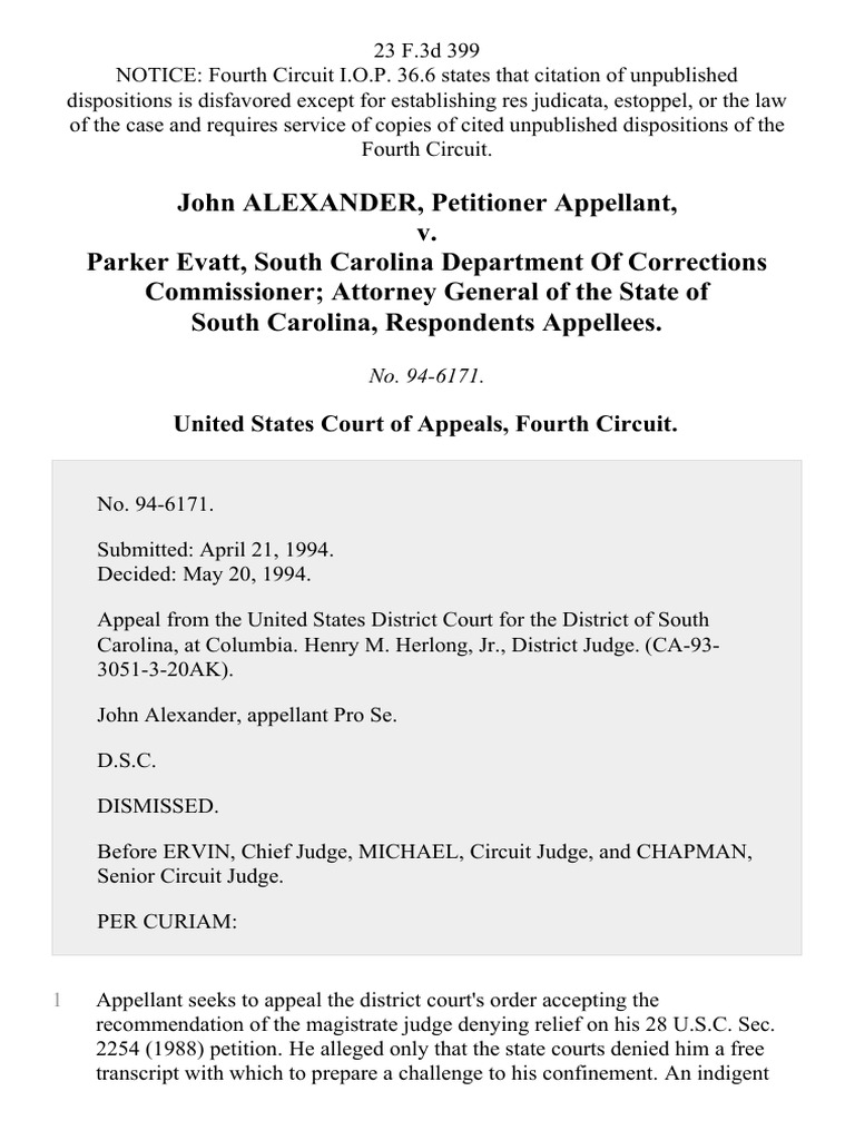 John Alexander v. Parker Evatt, South Carolina Department of