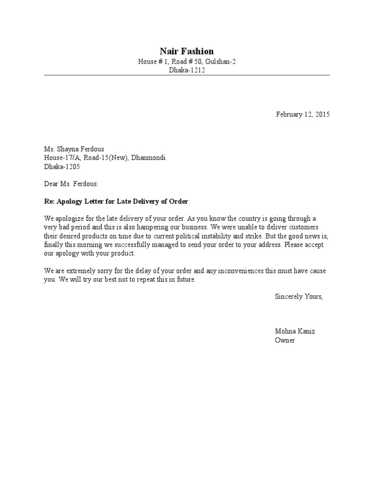 Apology Letter For Late Delivery of Order PDF Business