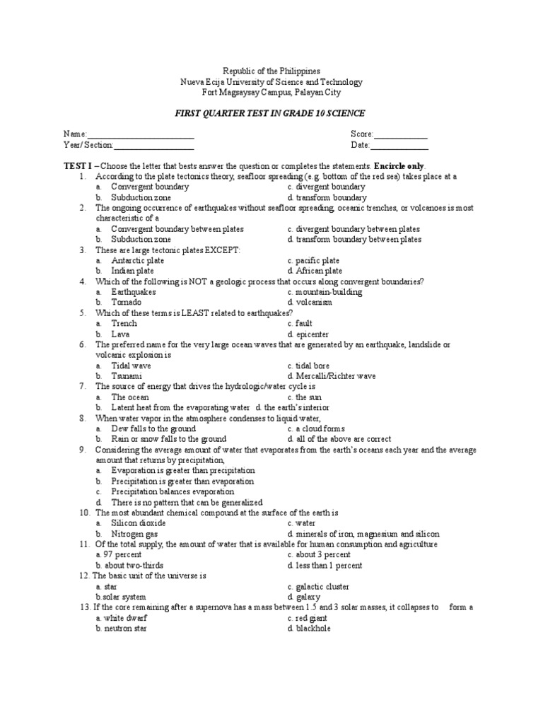 Grade 10 Science First Quarter Exam | PDF | Plate Tectonics | Mantle ...