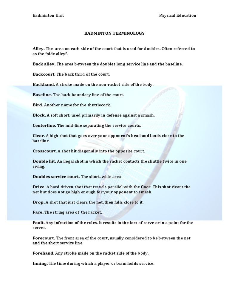 badminton terms