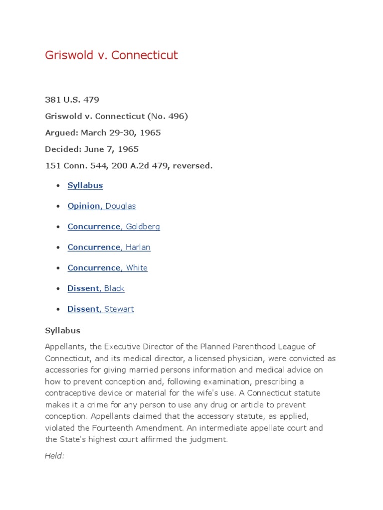 Griswold vs Connecticut Griswold V. Connecticut Fourteenth