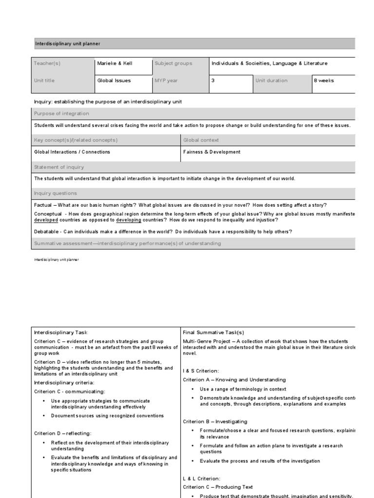 MYP Interdisciplinary Unit on Global Issues | PDF | Interdisciplinarity ...