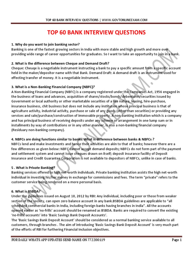 Top 10 Bank Interview Questions And Answers For Freshers Pdf