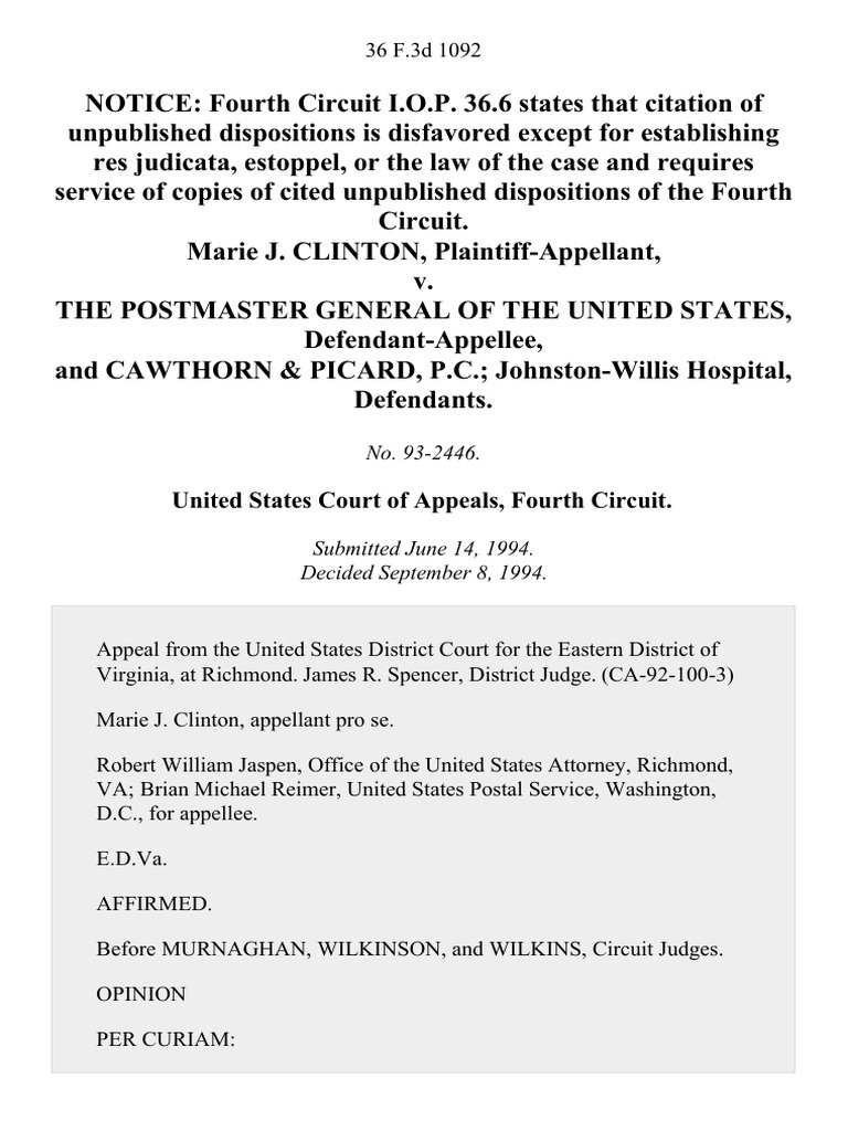 Marie J. Clinton v. The Postmaster General of The United States, and
